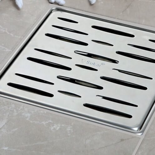 Sukar Line 9 15x15 cm Paslanmaz Çelik Çerçeveli Rain Izgaralı Krom Yer Süzgeci