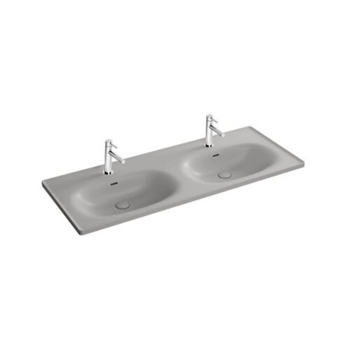 VitrA Equal 130 cm Mat Taş Gri Çift Armatür Delikli Etajerli Lavabo