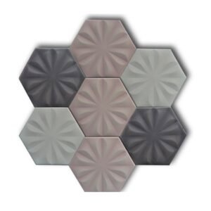 Dekozen Hexagon 15x17 cm Çiçek Mat Açık Pembe-Beyaz-Gri Çatlak Sırlı El Yapımı Seramik
