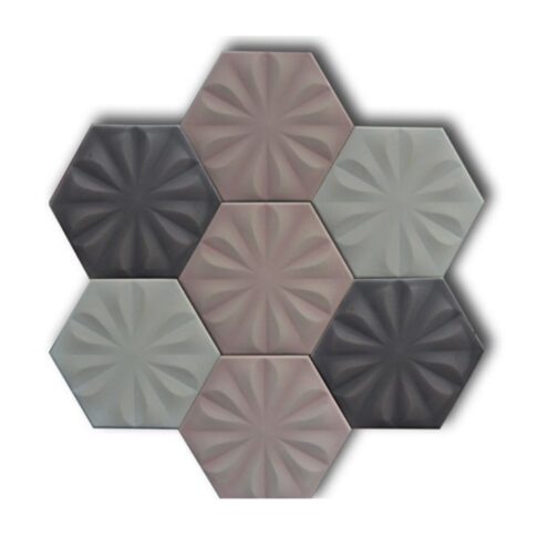 Dekozen Hexagon 15x17 cm Çiçek Mat Açık Pembe-Beyaz-Gri Çatlak Sırlı El Yapımı Seramik