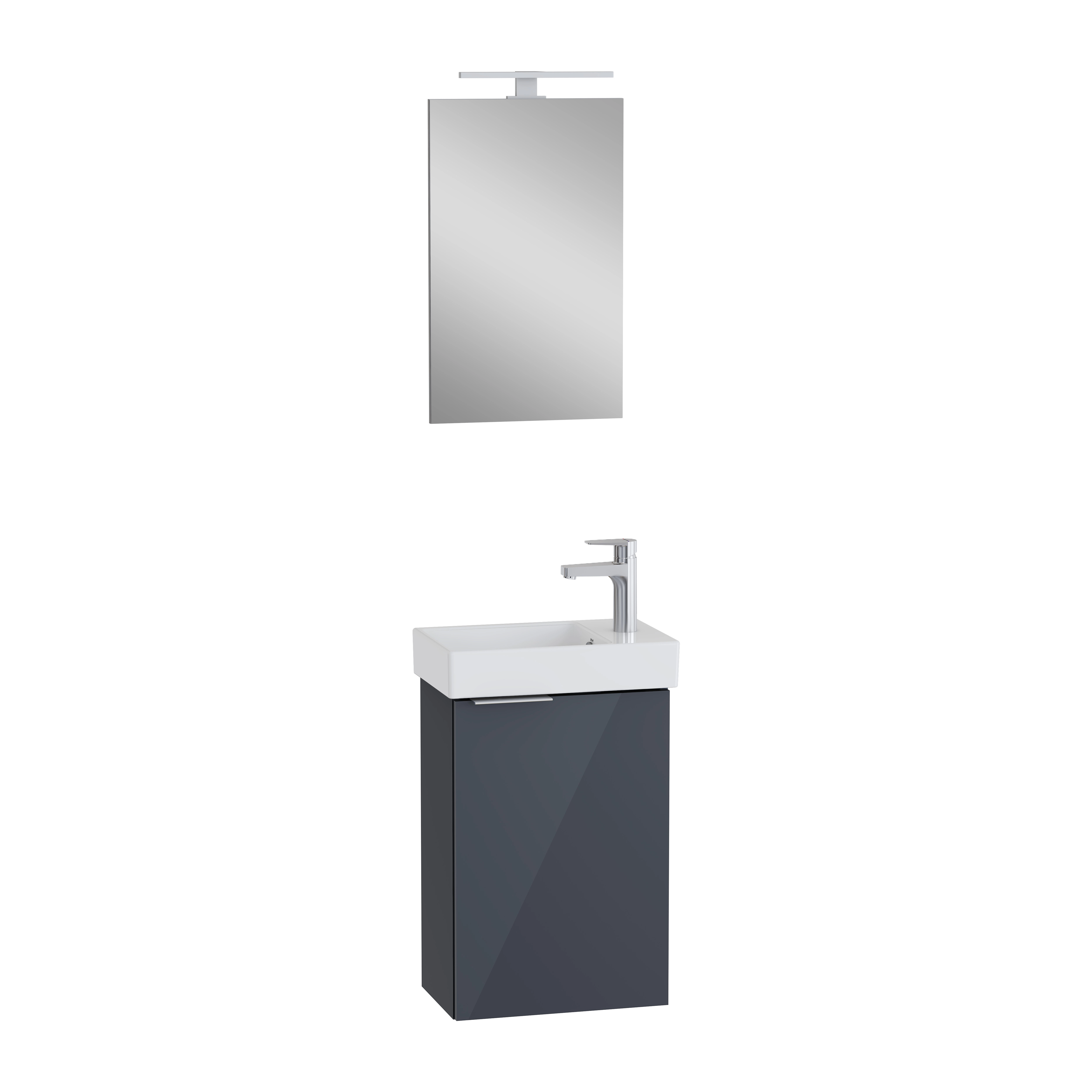 VitrA Mia Plus Square Antrasit Banyo Dolabı Seti, 45 cm, Bir Kapaklı, Tek Armatür Delikli, Lavabo Dolabı, Aydınlatmalı Düz Ayna – 69702