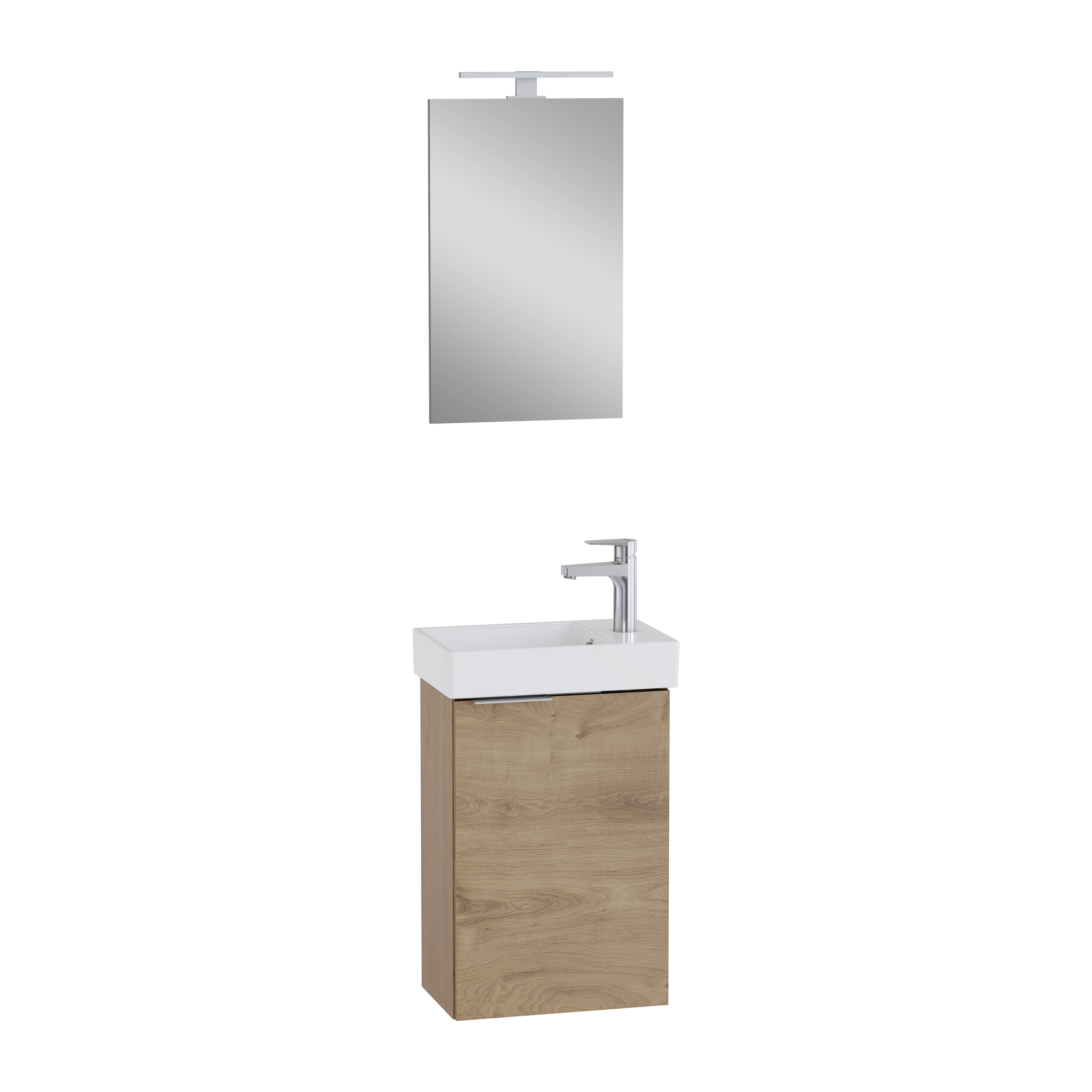 VitrA Mia Plus Square Soft Altın Banyo Dolabı Seti, 45 cm, Bir Kapaklı, Tek Armatür Delikli, Lavabo Dolabı, Aydınlatmalı Düz Ayna – 69704
