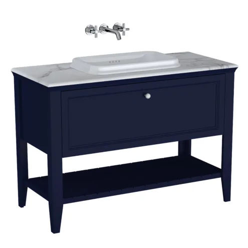 VitrA Valarte Neo Beyaz Lavabo Dolabı, 120 Cm, Bir Çekmeceli, Tezgahüstü Lavabolu, Mermer Tezgahlı Çelik Mavisi MDF Üzeri Lake – 65783
